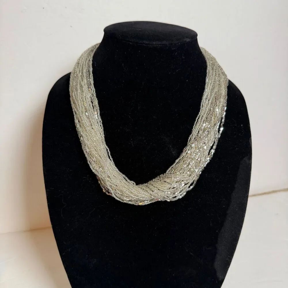 Vintage Multi Strand Seed Bead Necklace White Silver Bugle Bead Twisted 20.5"